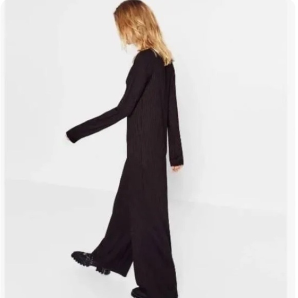 Zara Trafalac Ribbed Long Sleeve Black Jumpsuit Size L Goth Wide Leg Stretchy - Picture 2 of 6